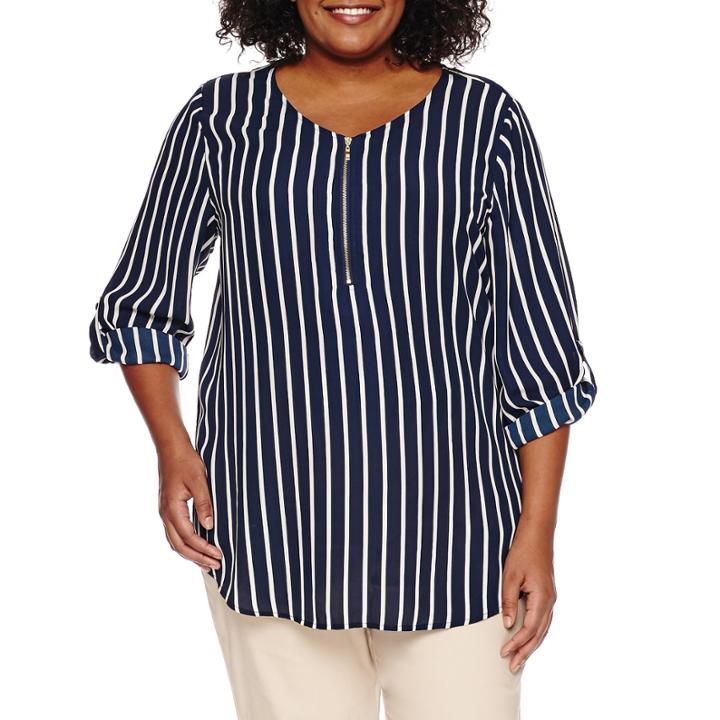 Worthington 3/4 Sleeve V Neck Woven Blouse-plus