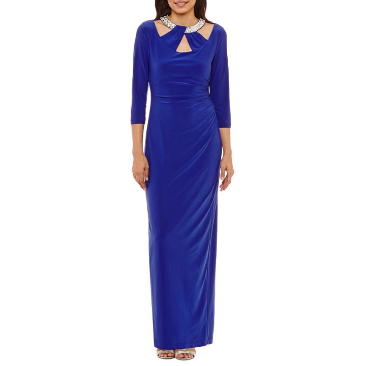 Blu Sage 3/4 Sleeve Bling-neck Evening Gown-petites