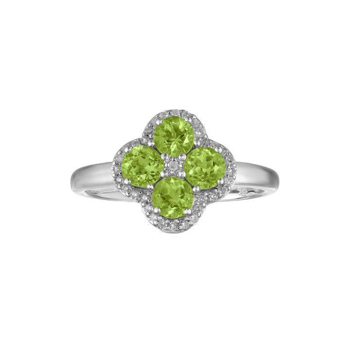 Genuine Peridot And White Topaz Flower Sterling Silver Ring