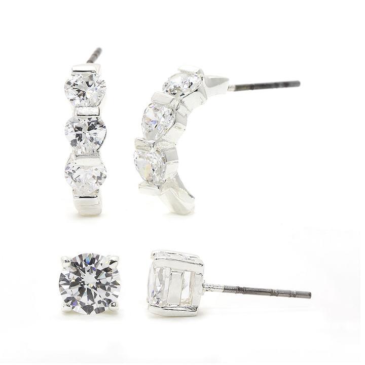 Sparkle Allure&trade; Cubic Zirconia Silver-plated Brass Stud And Hoop Earring Set