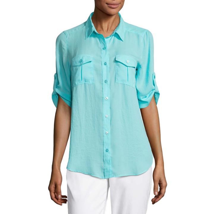 Liz Claiborne 3/4 Sleeve Roll Tab Sleeve Camp Shirt