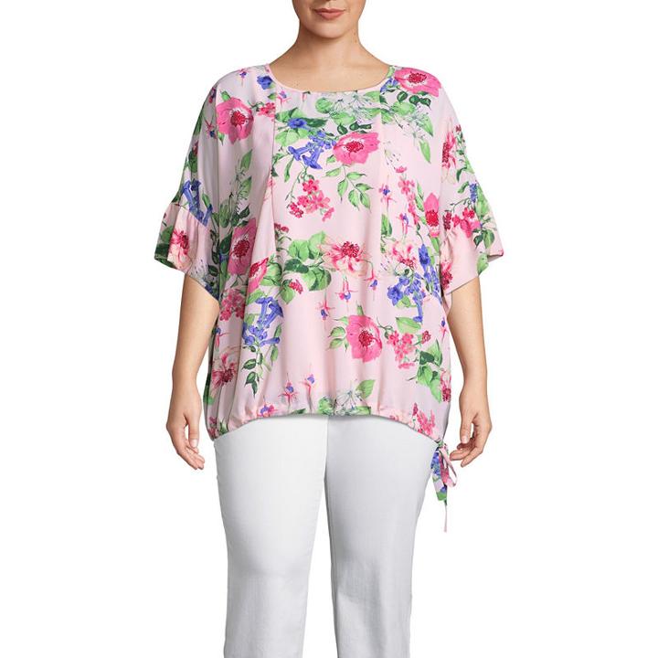 Liz Claiborne Flutter Sleeve Tie Hem Floral Top- Plus