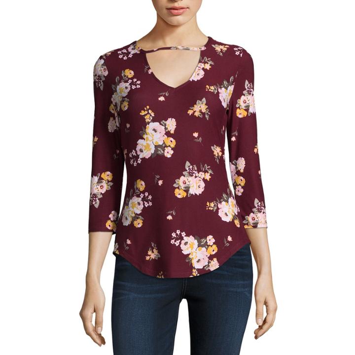 Almost Famous Long Sleeve Scoop Neck Jersey Floral Blouse-juniors