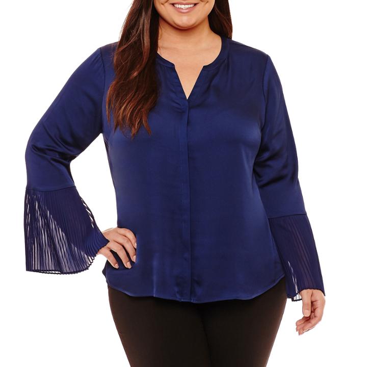 Worthington Long Pleated Sleeve V Neck Woven Blouse-plus