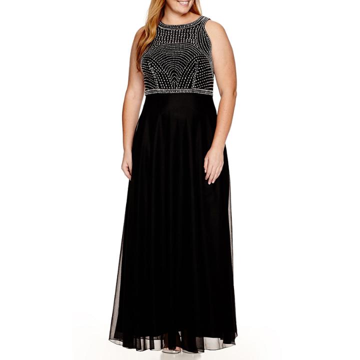 Jackie Jon Sleeveless Caviar-beaded Halter Gown - Plus