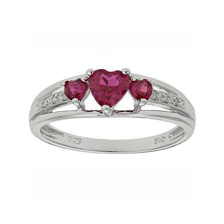 Lab-created Ruby & Diamond-accent Heart-shaped 3-stone Sterling Silver Ring