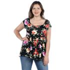 24seven Comfort Apparel Drew Black Floral Short Sleeve Tunic Top - Plus