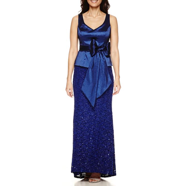 Blu Sage Sleeveless Belted Taffeta-bodice Sequin-lace Evening Gown
