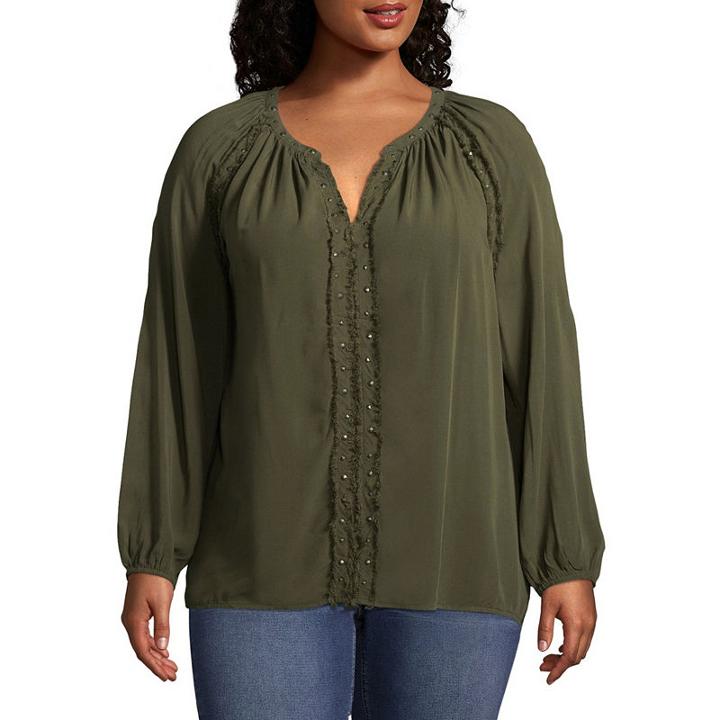 A.n.a. Long Sleeve Stud Front Woven Blouse - Plus