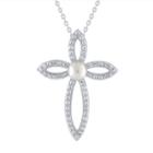 Womens Genuine White Cultured Freshwater Pearls Sterling Silver Cross Pendant Necklace