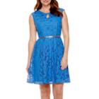 London Style Collection Cap-sleeve Keyhole Lace Belted Fit-and-flare Dress - Petite