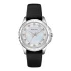 Bulova Womens White Mother-of-pearl Black Leather Diamond Accent Watch 98p139