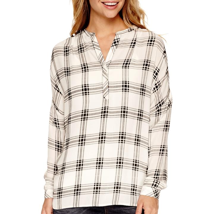A.n.a Long-sleeve Plaid Blouse- Petite