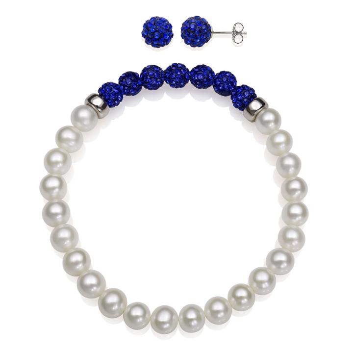 6-7mm Cultured Freshwater Pearl And 6mm Blue Lab Created Crystal Bead Sterling Silver Earring And Bracelet Set