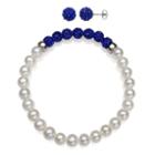 6-7mm Cultured Freshwater Pearl And 6mm Blue Lab Created Crystal Bead Sterling Silver Earring And Bracelet Set