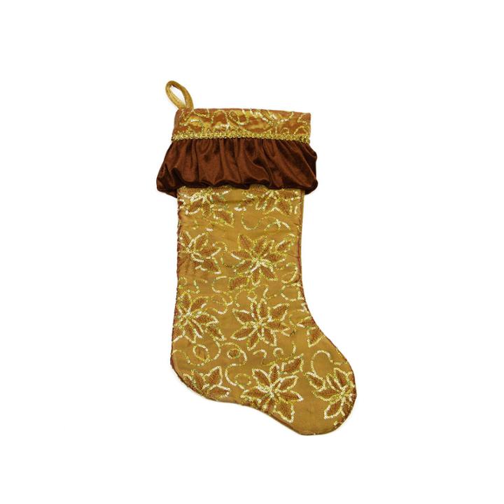 19 Gold Sequined Floral Christmas Stocking With Venetian-style Ruffle Cuff
