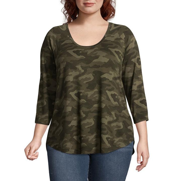 A.n.a 3/4 Sleeve Scoop Neck Camo T-shirt - Plus