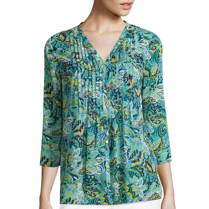 Liz Claiborne 3/4-sleeve Pintuck Print Blouse