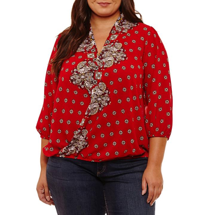 Liz Claiborne 3/4 Sleeve V Neck Chiffon Blouse-plus