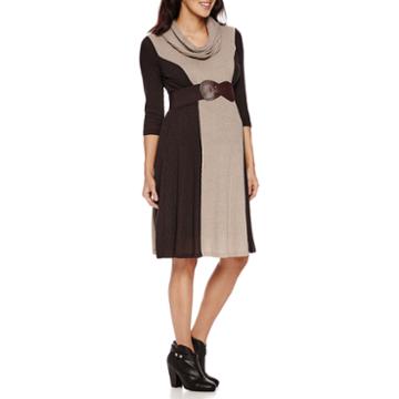 Robbie B 3/4 Sleeve Colorblock Infinity Scarf Belted Sweater Dress