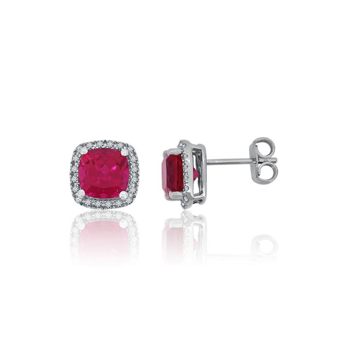 Lab-created Ruby & Lab-created White Sapphire Sterling Silver Halo Stud Earrings