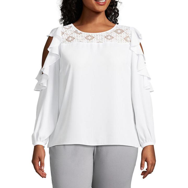 Worthington Long Sleeve Cold Shoulder Ruffle Top - Plus
