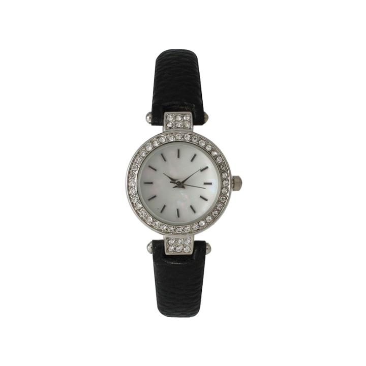 Olivia Pratt Womens Rhinestone Bezel Petite Black Leather Watch 14829