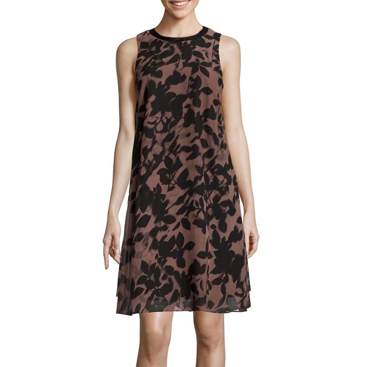 Sl Fashions Leaf-print Faux-leather-trim Chiffon Shift Dress
