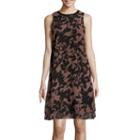 Sl Fashions Leaf-print Faux-leather-trim Chiffon Shift Dress