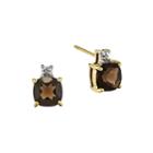 Genuine Brown Smoky Quartz And Diamond-accent 14k Yellow Gold Stud Earrings