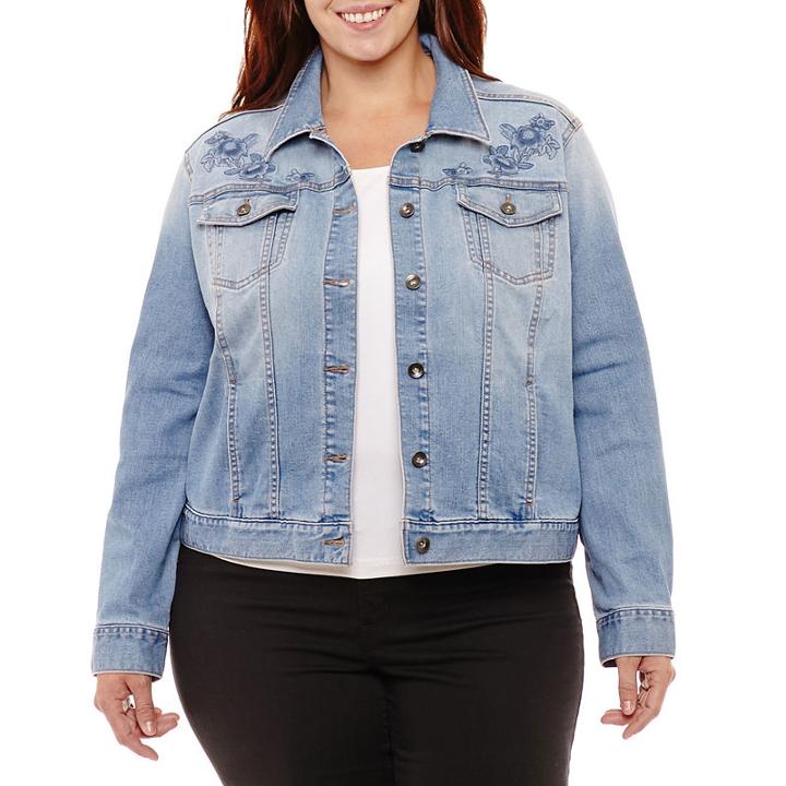 St. John's Bay Long Sleeve Embroidered Denim Jacket - Plus