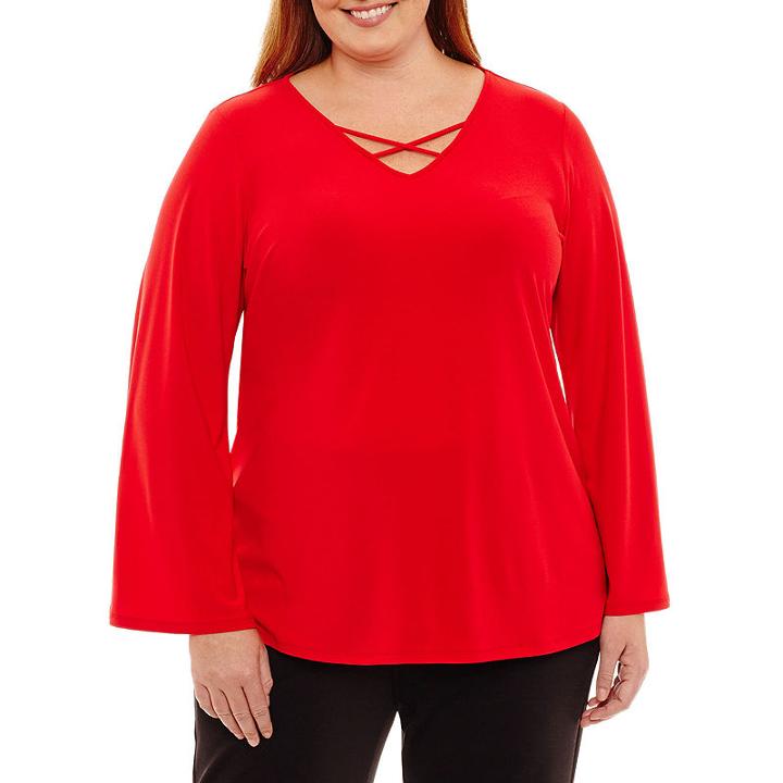 Worthington Long Sleeve Cross Front T-shirt - Plus