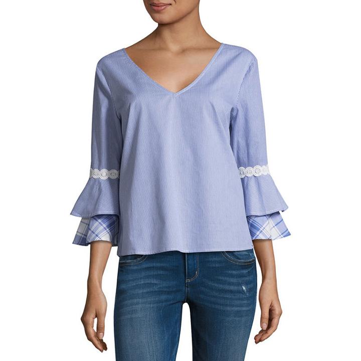Eyeshadow 3/4 Sleeve V Neck Poplin Stripe Blouse-juniors