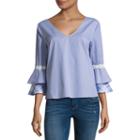 Eyeshadow 3/4 Sleeve V Neck Poplin Stripe Blouse-juniors