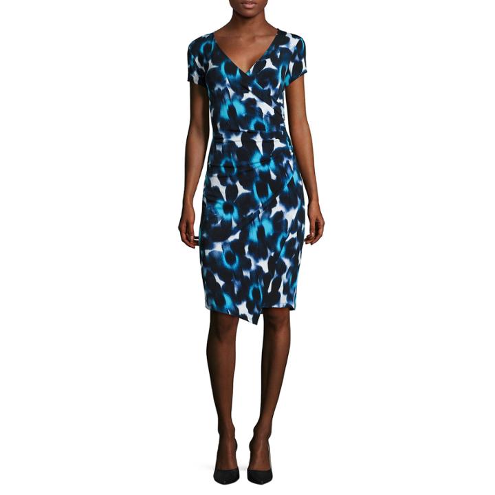 London Style Collection Short-sleeve Floral Faux-wrap Sheath Dress