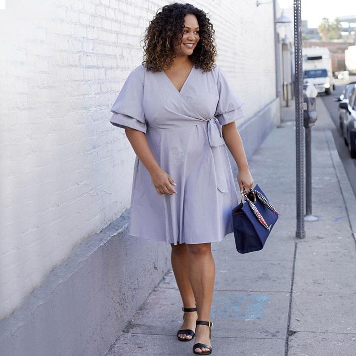 Boutique + Elbow Sleeve Stripe Wrap Dress - Plus