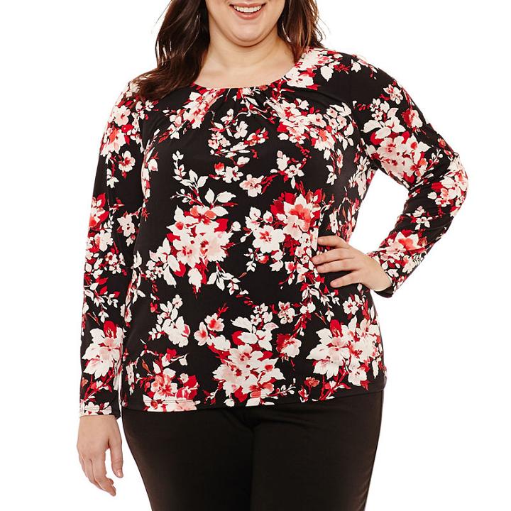 Liz Claiborne Long Sleeve Pleat Neck Top- Plus