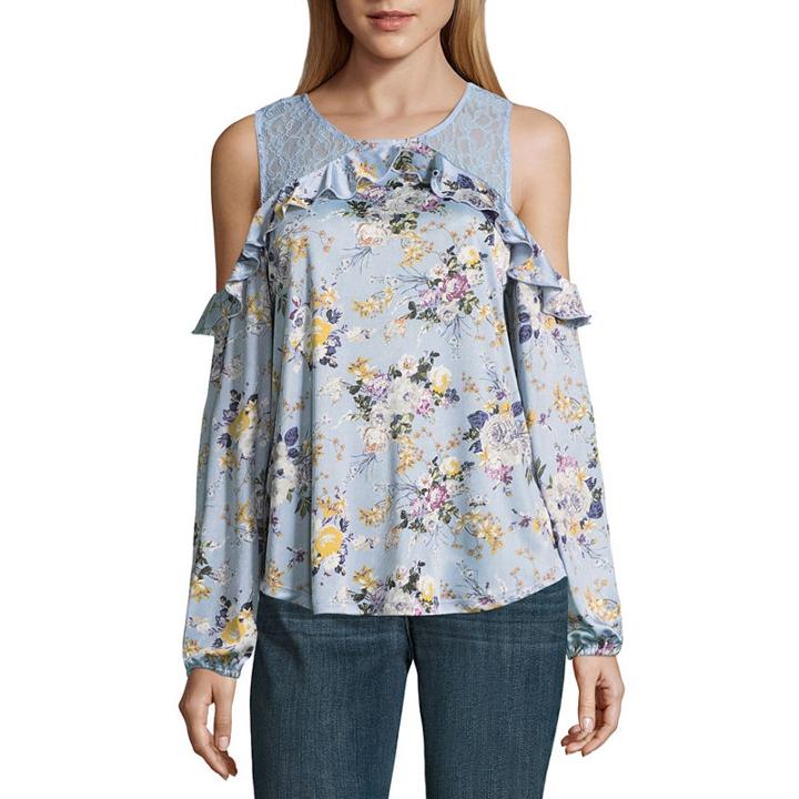 Almost Famous Long Sleeve Y Neck Satin Blouse-juniors