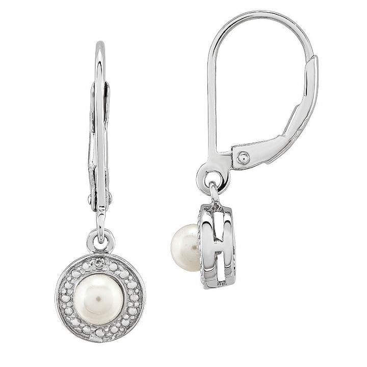 Diamond Accent White Cultured Freshwater Pearls Sterling Silver Drop Earrings