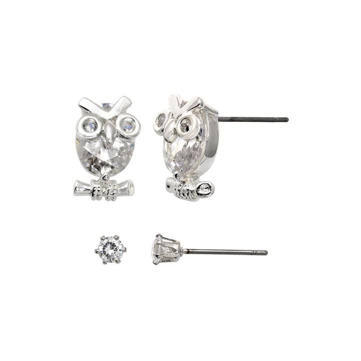 Sparkle Allure&trade; Crystal Silver-plated Owl And Stud Earring Set
