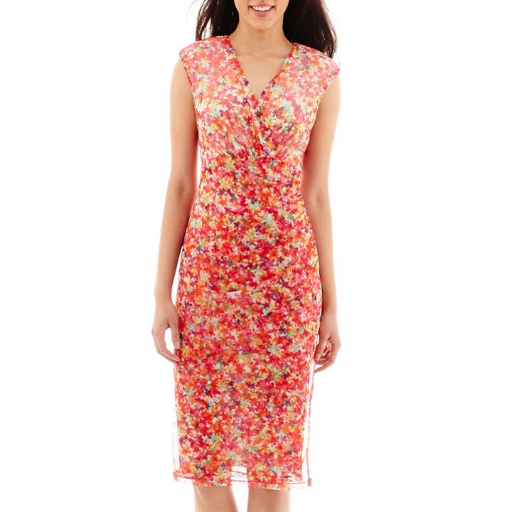London Style Collection Cap-sleeve V-neck Ruched Sheath Dress - Petite