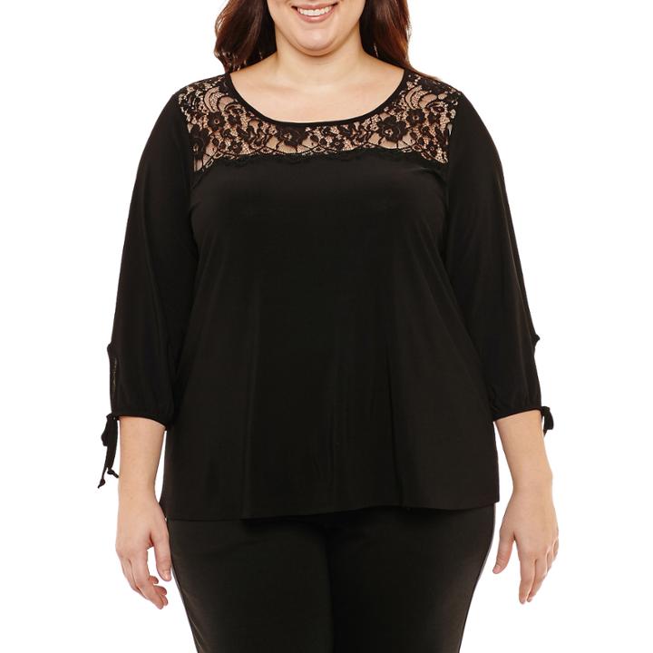 Liz Claiborne 3/4 Sleeve Lace Yoke Top-plus