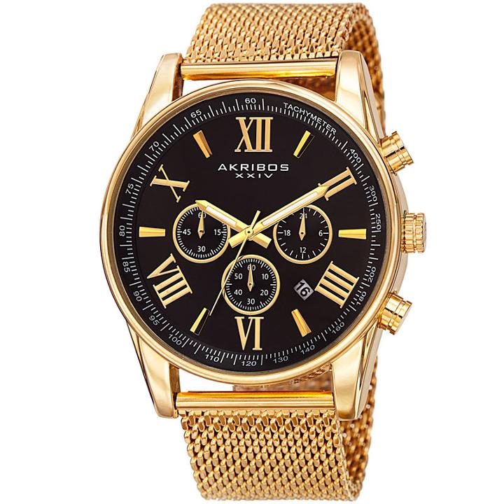 Akribos Xxiv Mens Gold Tone Strap Watch-a-813ygb