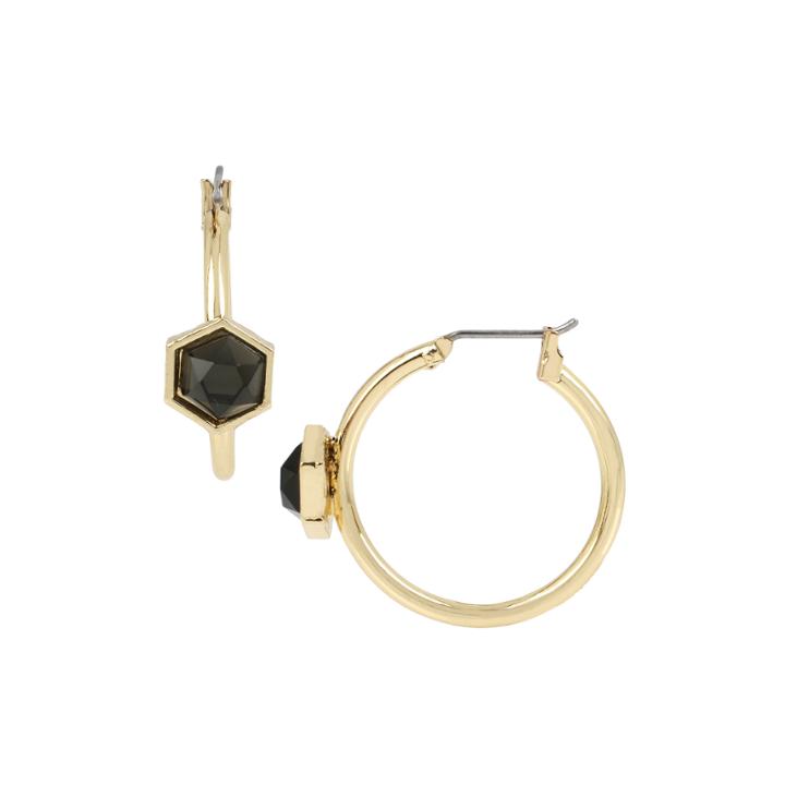 Worthington Black Faceted Stone Gold-tone Small Hoop Earrings