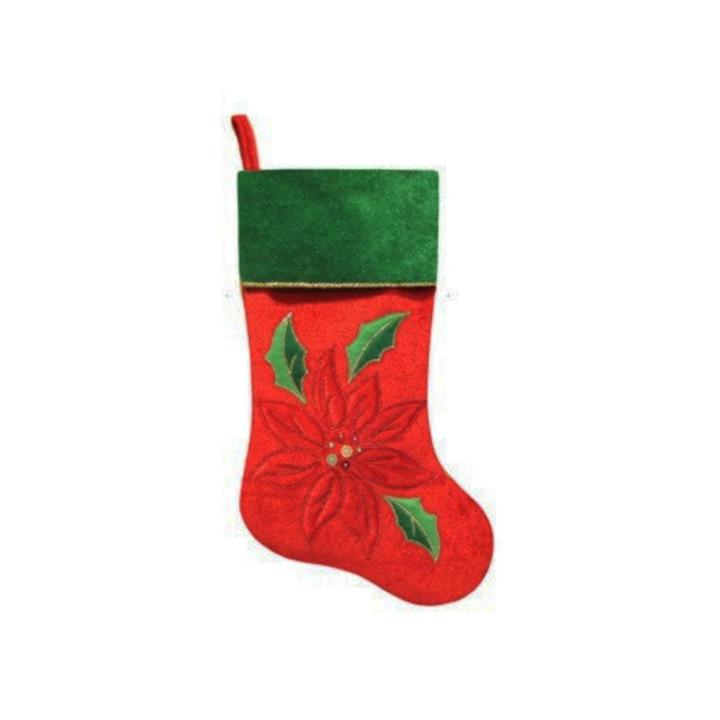 20 Red Velveteen Sequined Poinsettia Christmas Stocking With Green Cuff