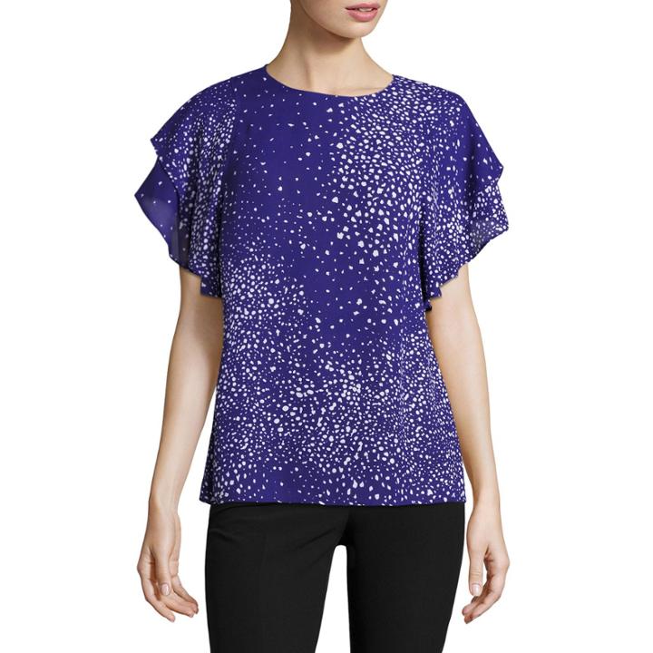 Worthington Short Sleeve Scoop Neck Georgette Dots Blouse
