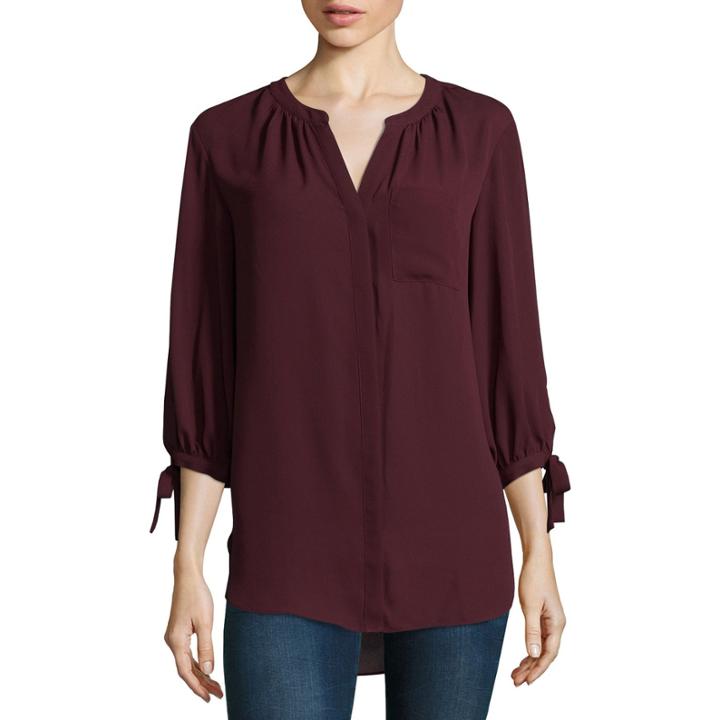 A.n.a Ana Tie Sleeve Y Neck Tunic 3/4 Sleeve Y Neck Woven Blouse