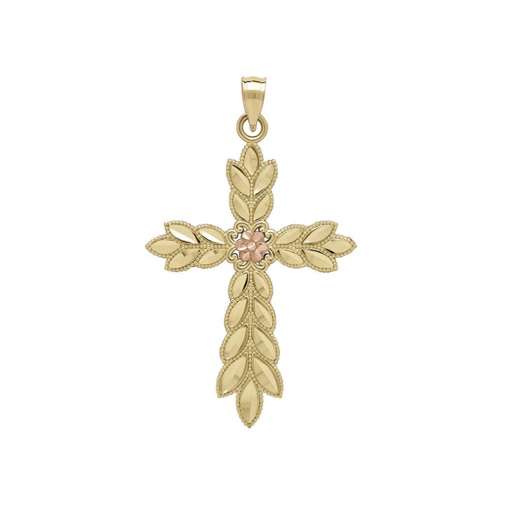 Tesoro&trade; 14k Two-tone Leaf Cross Pendant