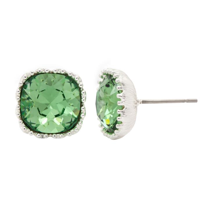 City Rocks Swarvorski Cushion Green Brass Silver Over Brass Stud Earrings