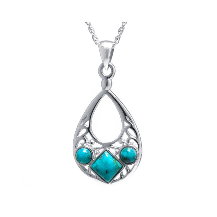 Enhanced Turquoise Sterling Silver Openwork Teardrop Pendant Necklace